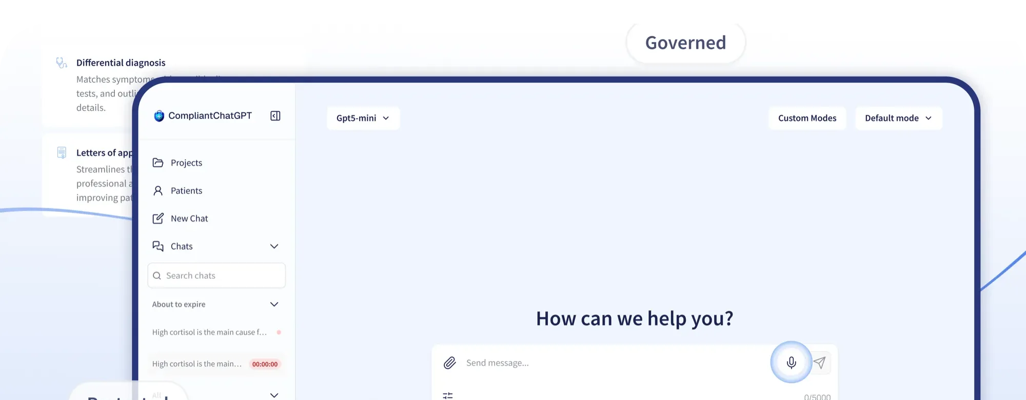 CompliantChatGPT chat interface — a HIPAA-compliant AI assistant for healthcare teams, shown with governed and protected data badges.