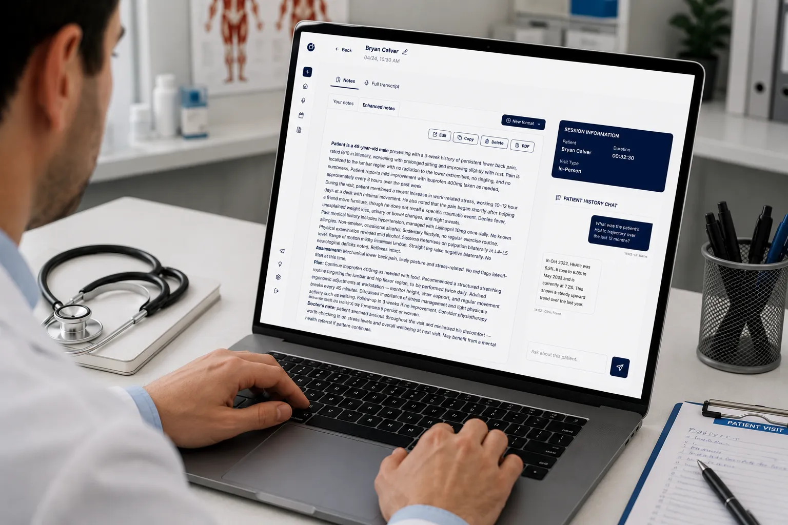 A clinician reviewing the Clinic Scribe enhanced note on a laptop after the visit.