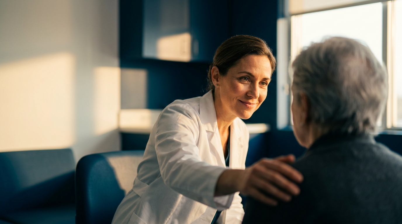 Physician placing a reassuring hand on an older patient's shoulder during a visit.